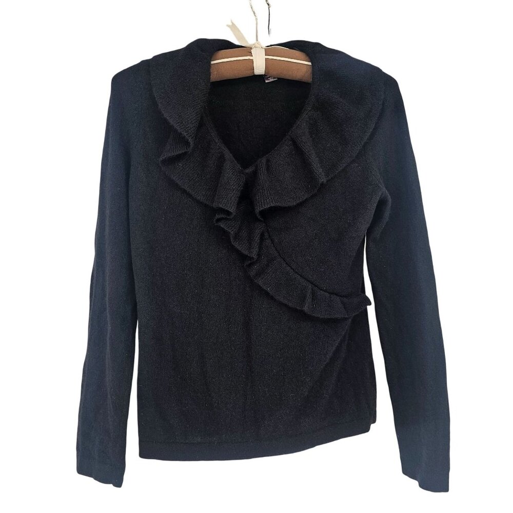 Charter Club 2 Ply‎ Cashmere Sweater M Black Ruffle Collar Soft Elegant Luxury